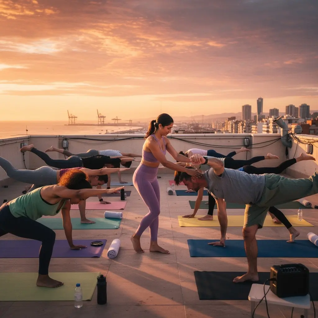 Grupo de personas realizando una sesión de yoga al aire libre, centrados en la alineación.