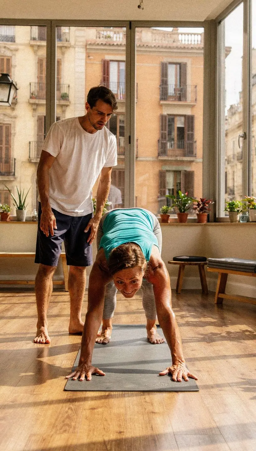 Instructora de yoga corrigiendo la postura de un alumno en clase.