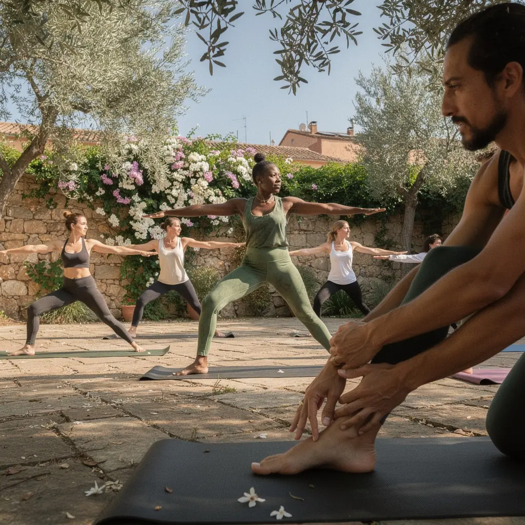 Practicante de yoga en postura de árbol, mostrando equilibrio y alineación.