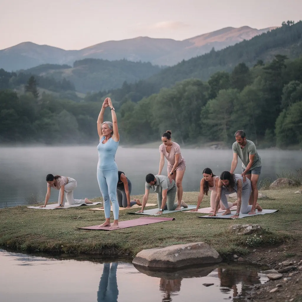 Un grupo de personas practicando yoga en un entorno sereno, enfocándose en la alineación postural.