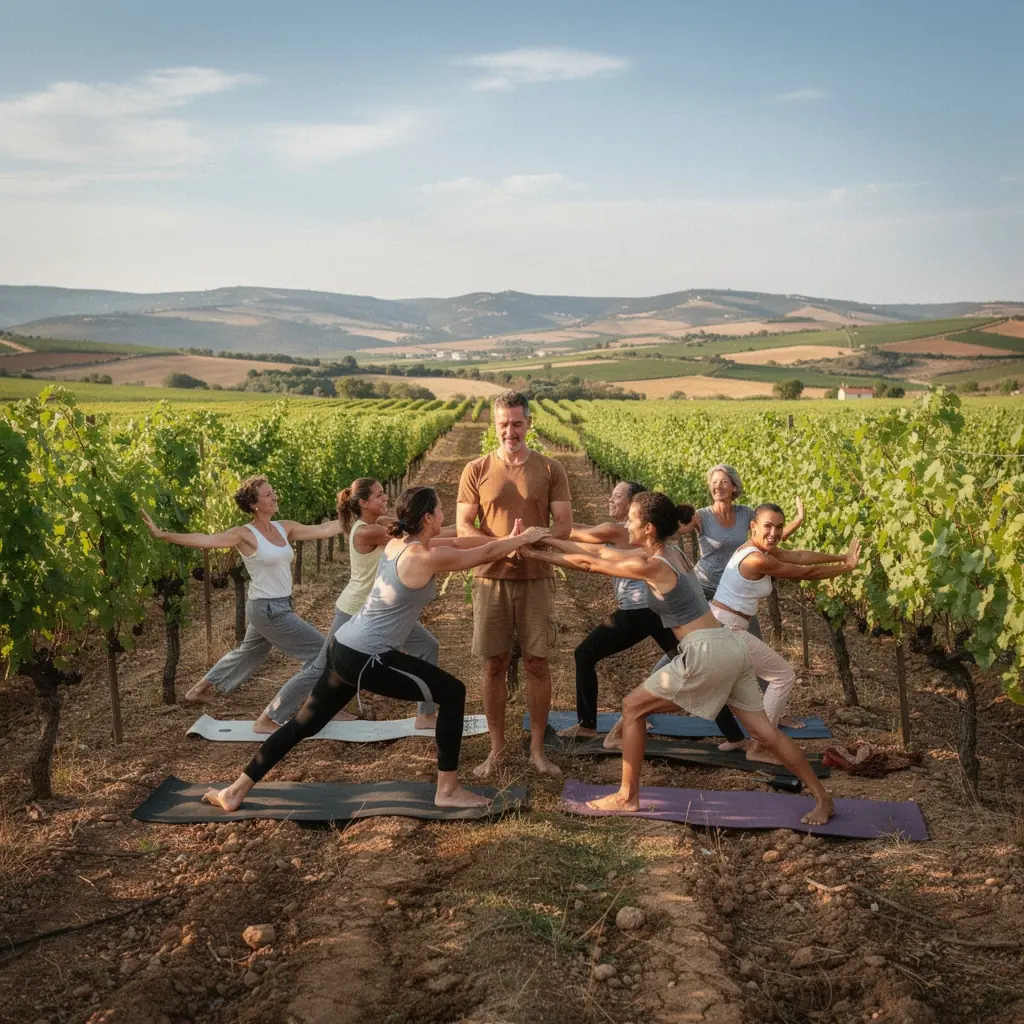 Un grupo de personas practicando yoga en un entorno sereno, enfocándose en la alineación postural.