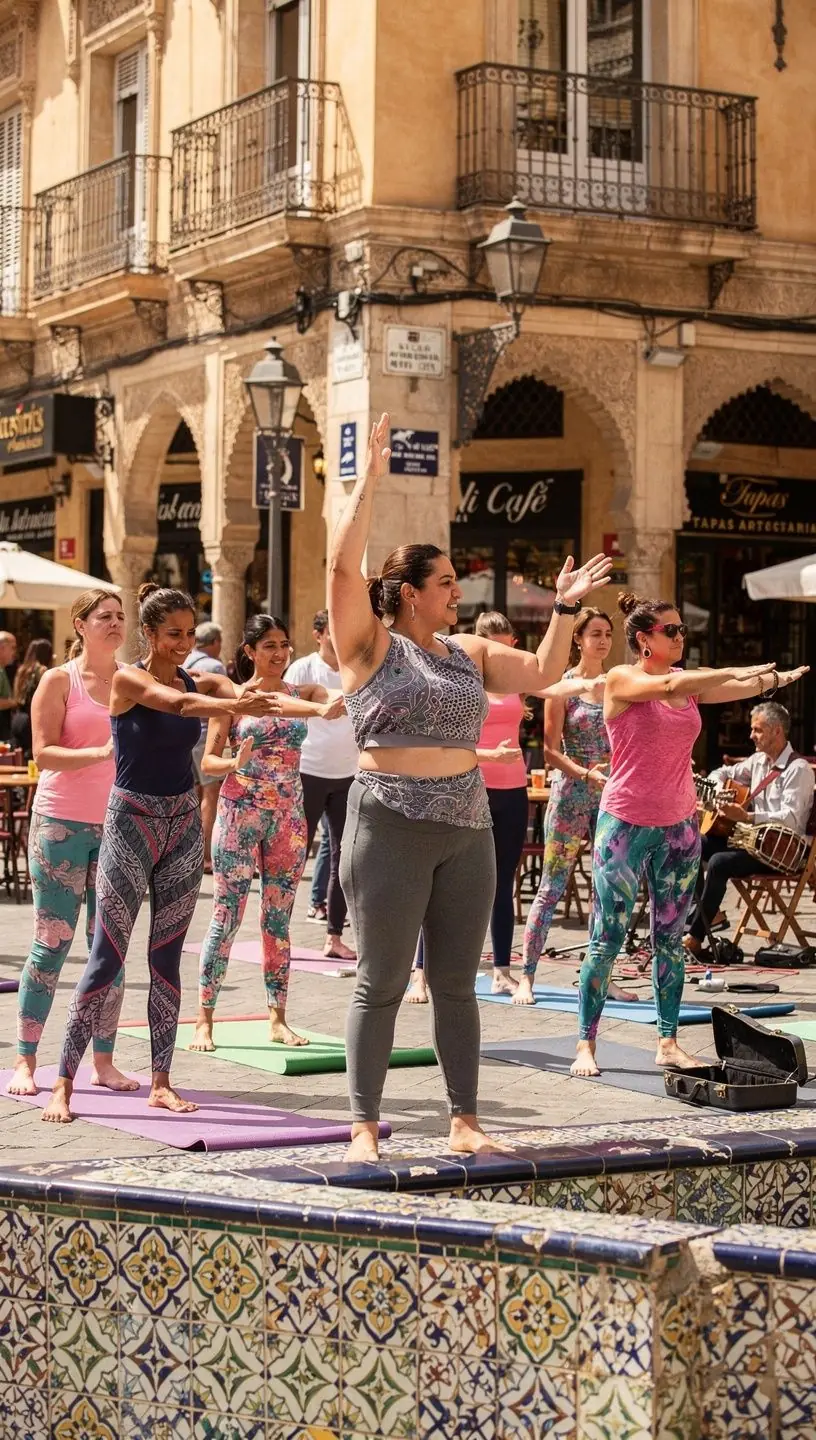 Un grupo de personas practicando yoga en un entorno sereno, enfocándose en la alineación postural.