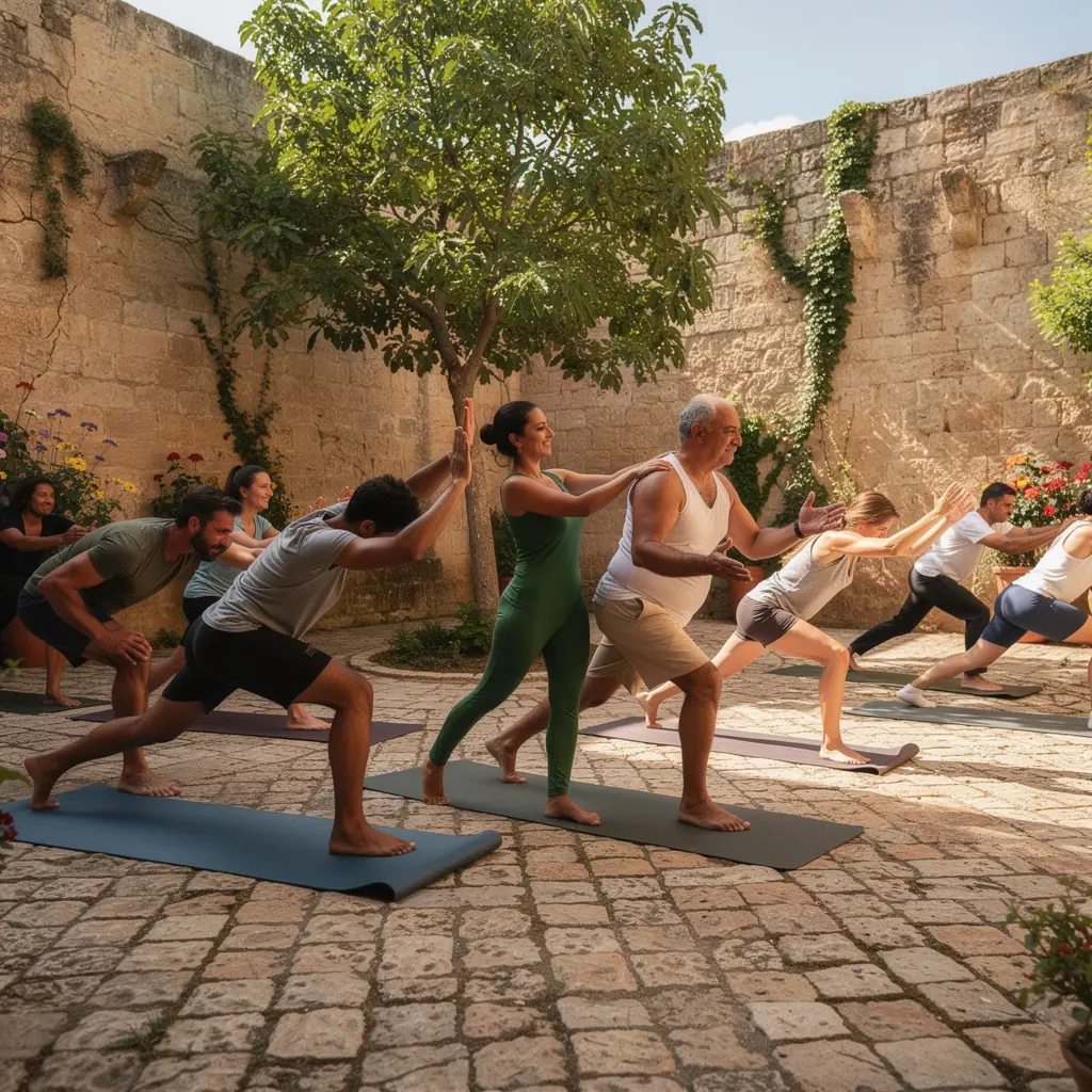 Un grupo de personas practicando yoga en un entorno sereno, enfocándose en la alineación postural.