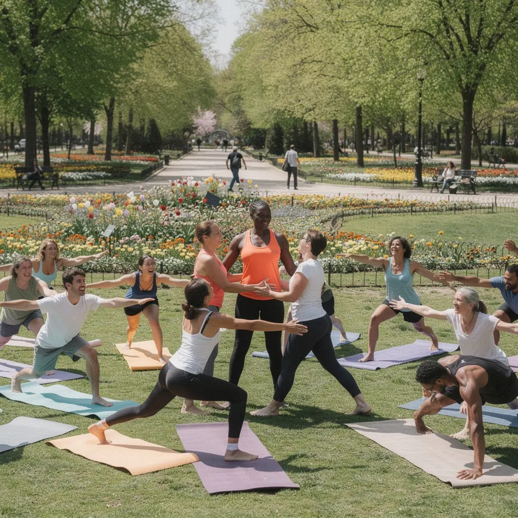 Un grupo de personas practicando yoga en un entorno sereno, enfocándose en la alineación postural.