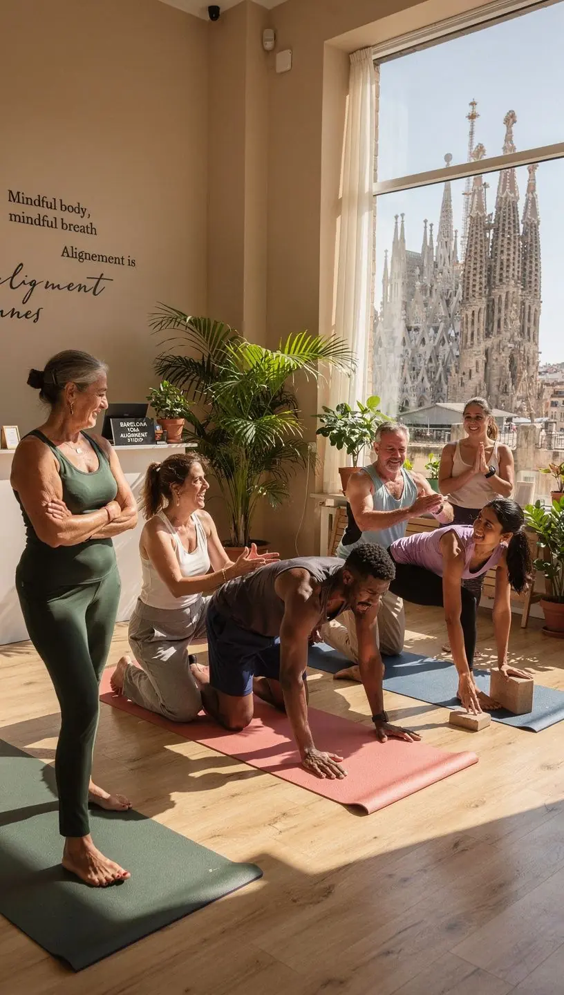 Una instructora de yoga corrigiendo la postura de un estudiante en una clase de alineación.